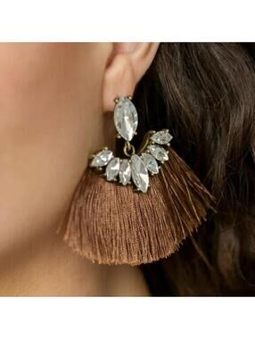 Paparazzi Marquise Embellished Khaki Brown Fringe Fan Post Stud Earrings